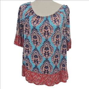 Fig and Flower Teal and Coral Patterned Blouse
